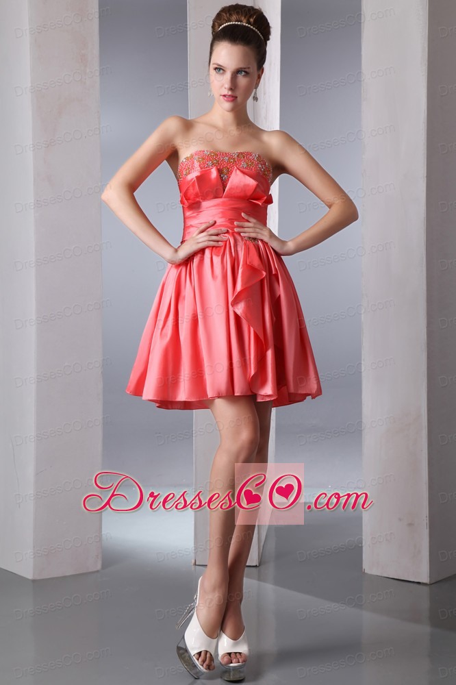 Watermelon Red A-line Strapless Short Prom Dress Taffeta Beading Mini-length