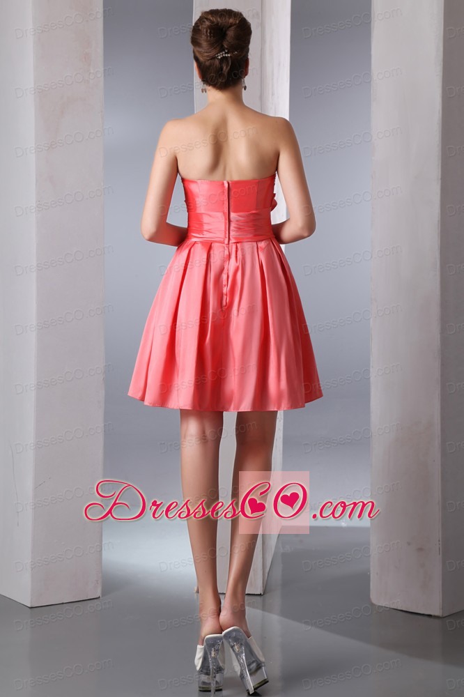 Watermelon Red A-line Strapless Short Prom Dress Taffeta Beading Mini-length