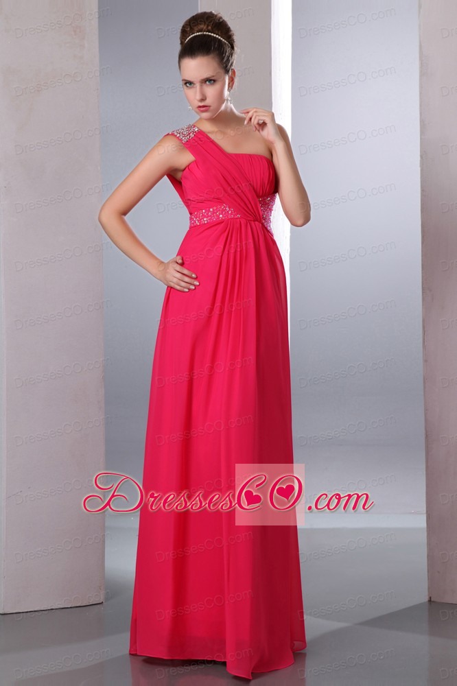 Hot Pink Empire One Shoulder Beading Prom Dress Long Chiffon