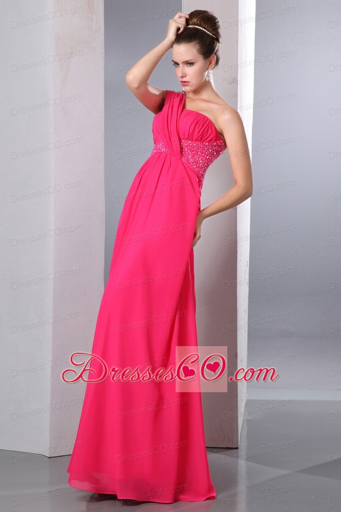 Hot Pink Empire One Shoulder Beading Prom Dress Long Chiffon