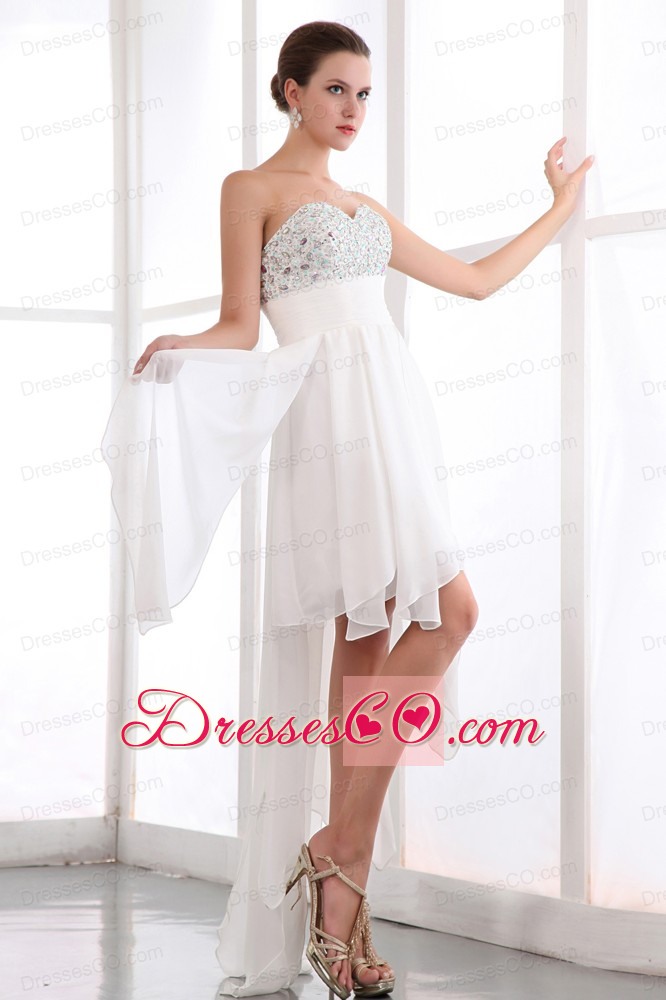 White Empire Prom Dress Asymmetrical Chiffon Beading