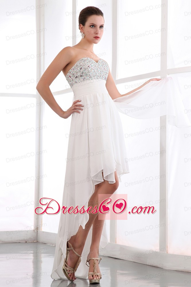 White Empire Prom Dress Asymmetrical Chiffon Beading
