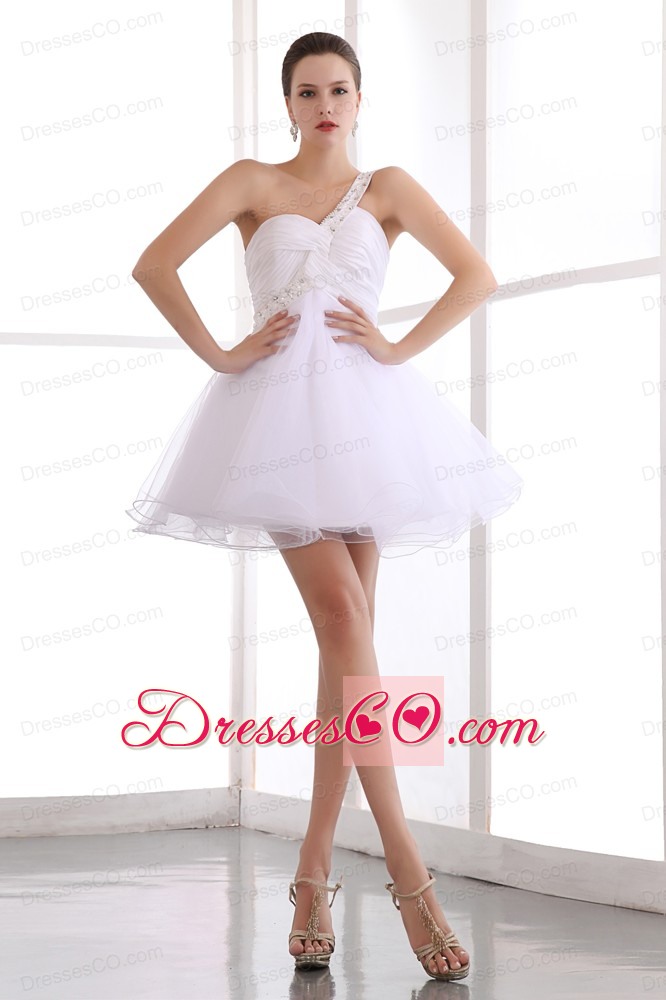 White A-line One Shoulder Short Prom Dress Organza Beading Mini-length