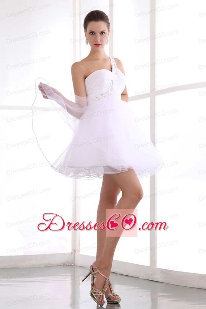 White A-line One Shoulder Short Prom Dress Organza Beading Mini-length