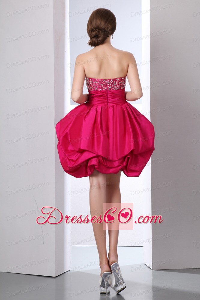Hot Pink A-line Strapless Mini-length Taffeta Beading Prom Dress