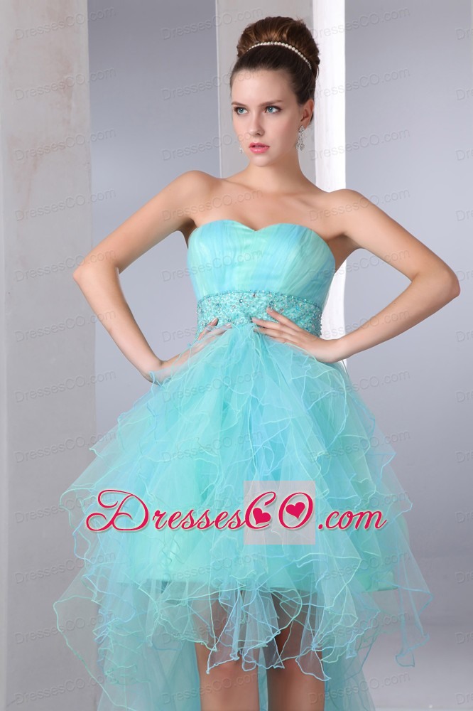 Aqua Blue A-line Prom Dress Asymmetrical Organza Beading