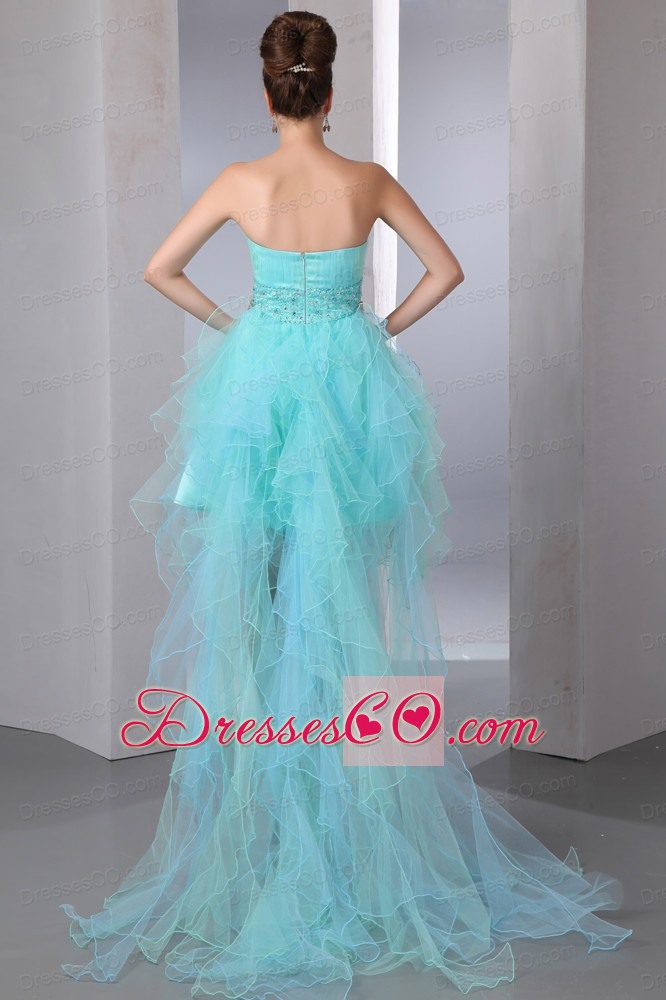 Aqua Blue A-line Prom Dress Asymmetrical Organza Beading