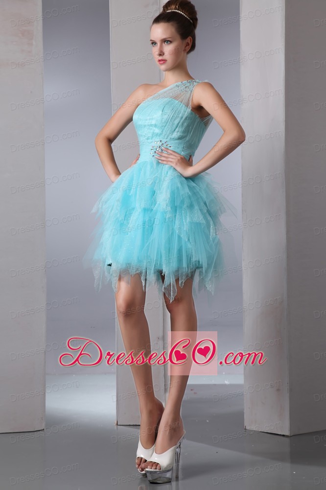 Aqua Blue Column One Shoulder Short Prom Dress Asymmetrical Organza Beading