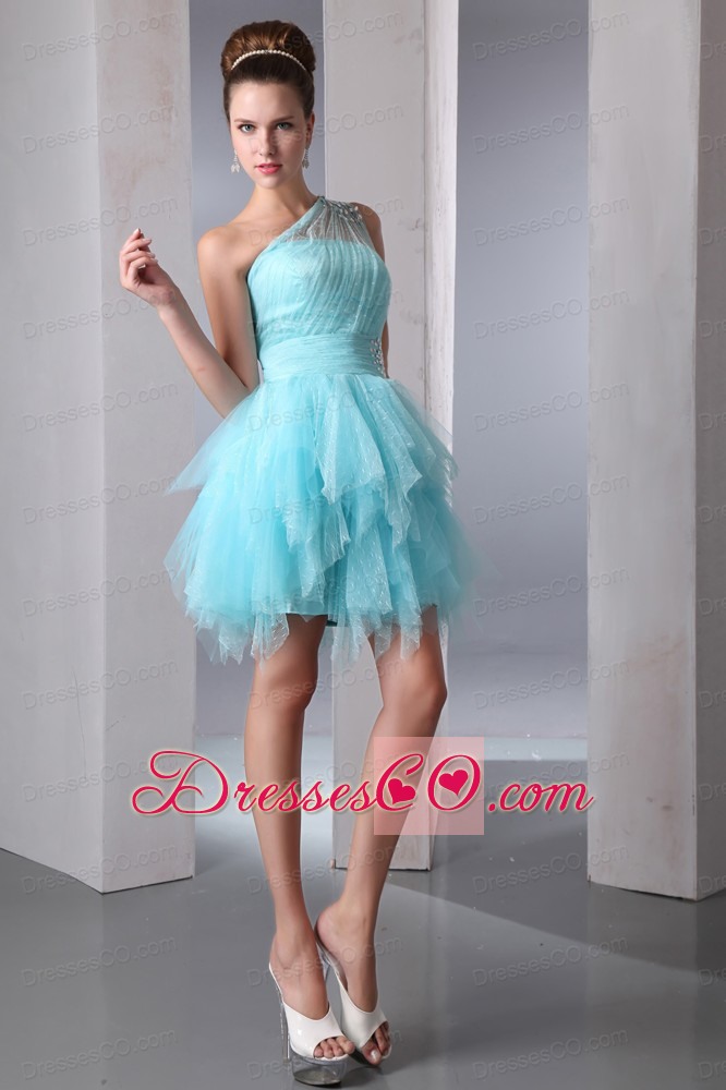Aqua Blue Column One Shoulder Short Prom Dress Asymmetrical Organza Beading
