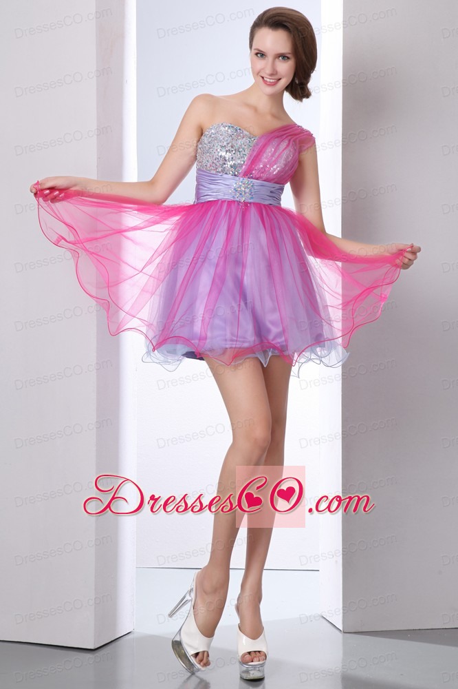 Hot Pink And Lilac A-line One Shoulder Beading Prom Dress Mini-length Organza