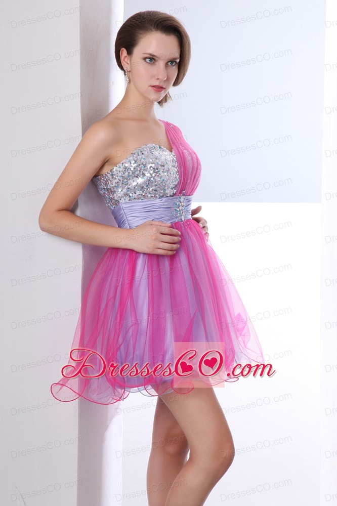 Hot Pink And Lilac A-line One Shoulder Beading Prom Dress Mini-length Organza