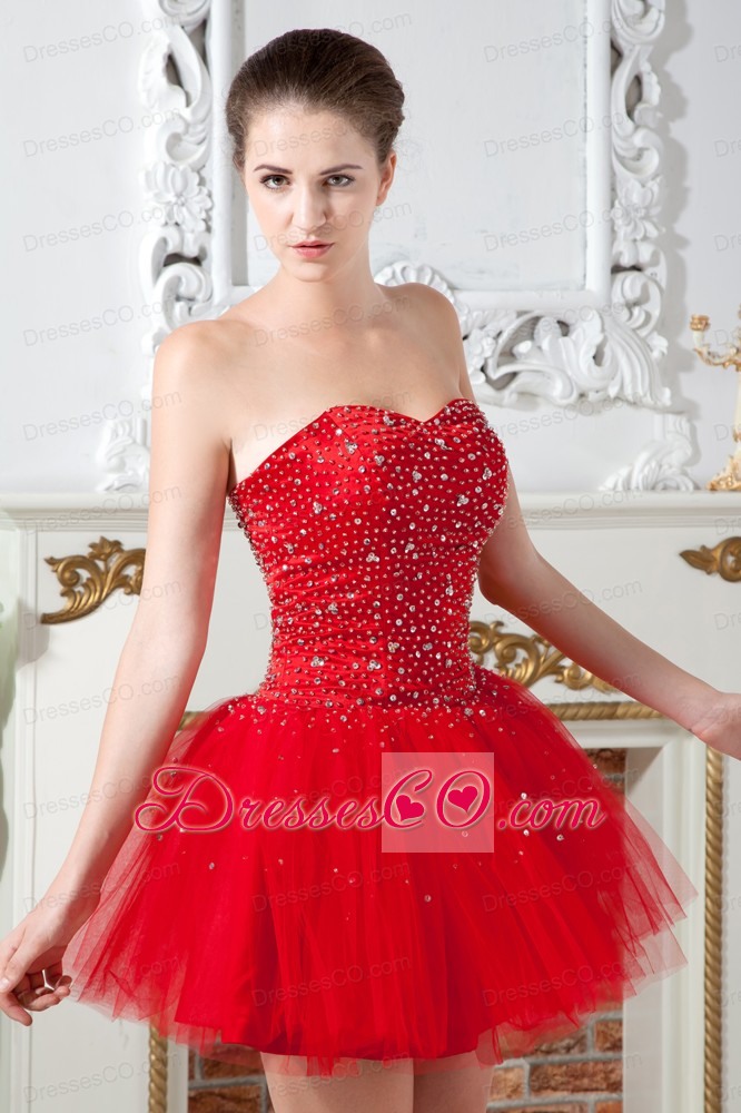 Red Prom Dress A-line Mini-length Tulle Beading