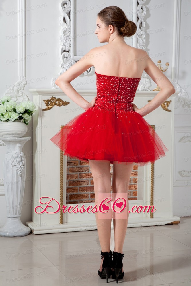 Red Prom Dress A-line Mini-length Tulle Beading