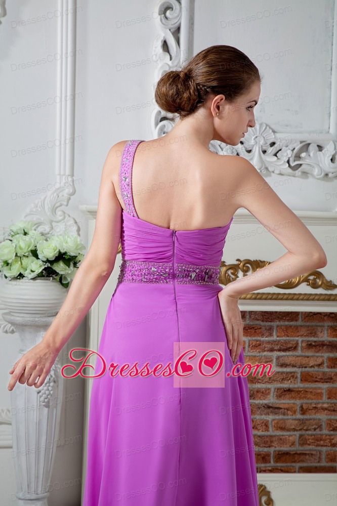 Fuchsia Column One Shoulder Prom Dress Chiffon Ruched And Beading Long