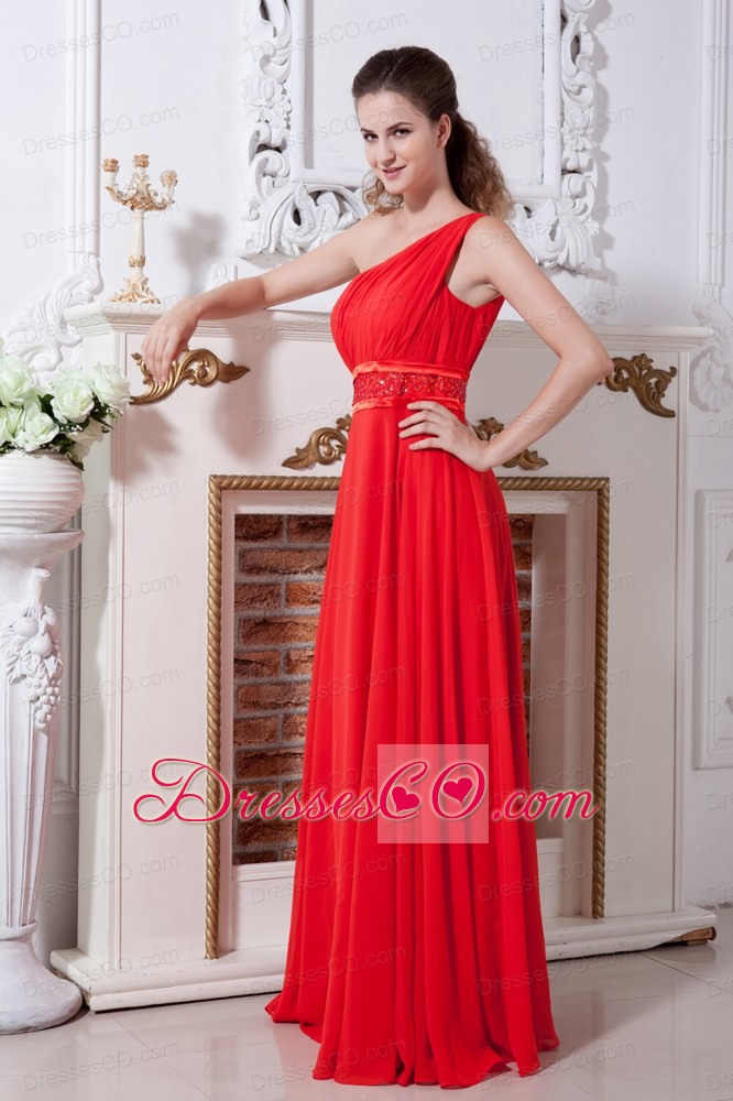 Red One Shoulder Prom Dress Empire Long Chiffon