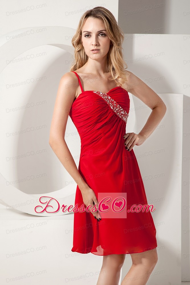 Red A-line Spaghetti Straps Prom / Homecoming Dress Knee-length Beading Chiffon