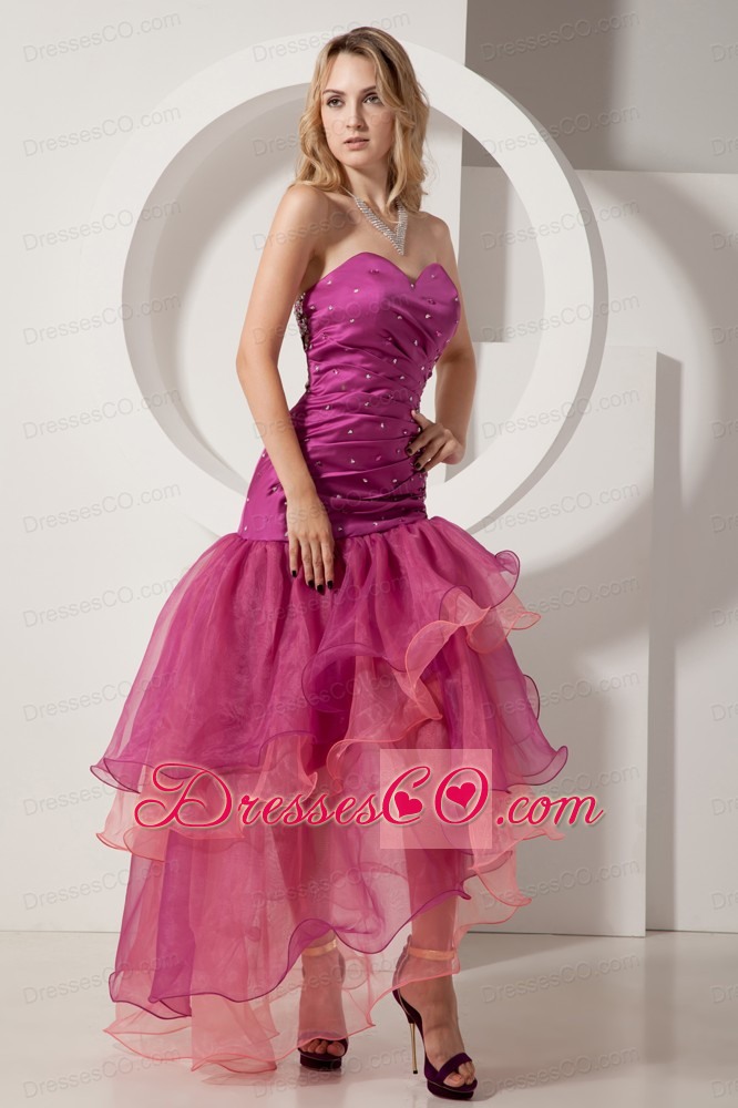 Sexy Fuchsia Prom Dress Asymmetrical Beading and Ruched