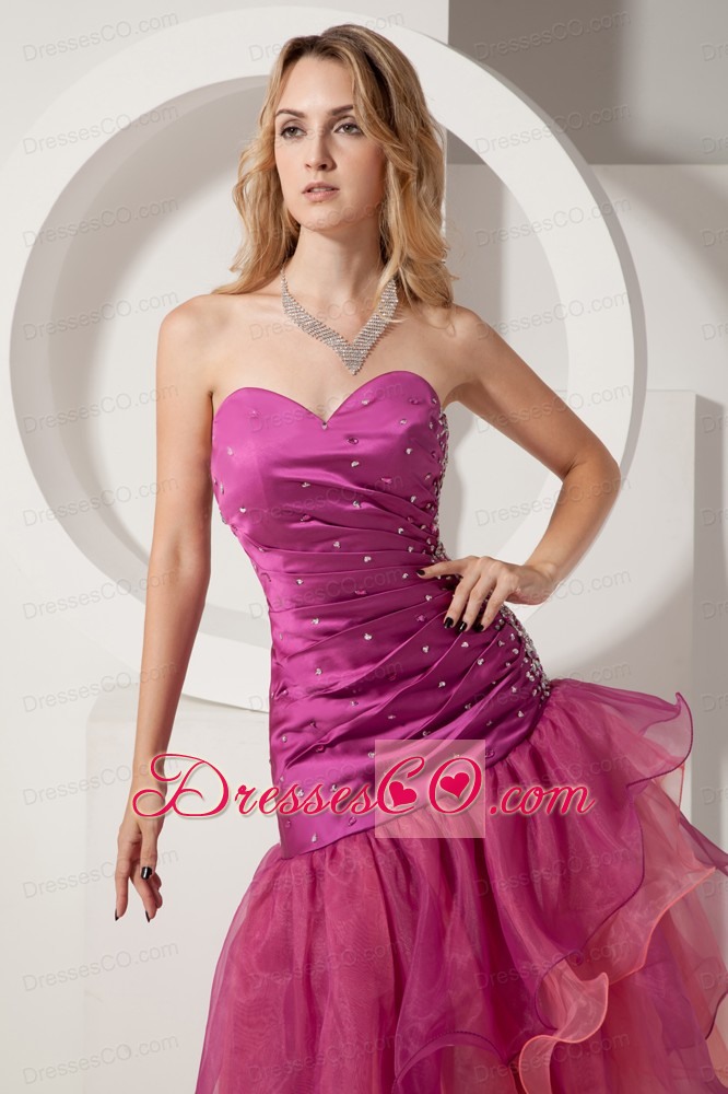 Sexy Fuchsia Prom Dress Asymmetrical Beading and Ruched