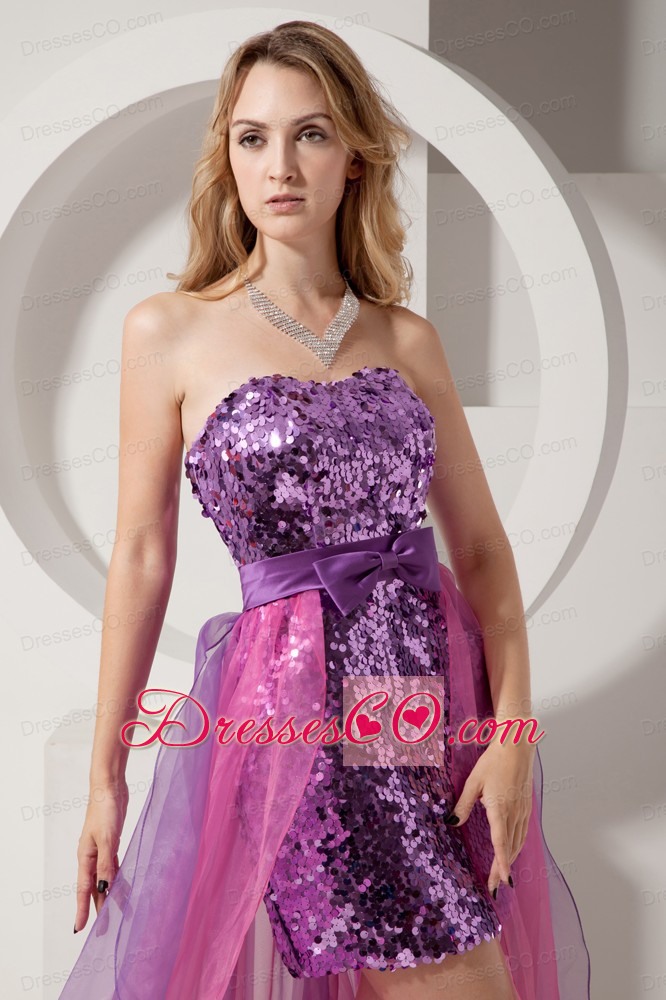 Purple and Pink Column Strapless Prom Dress High-low Sequin and Chiffon