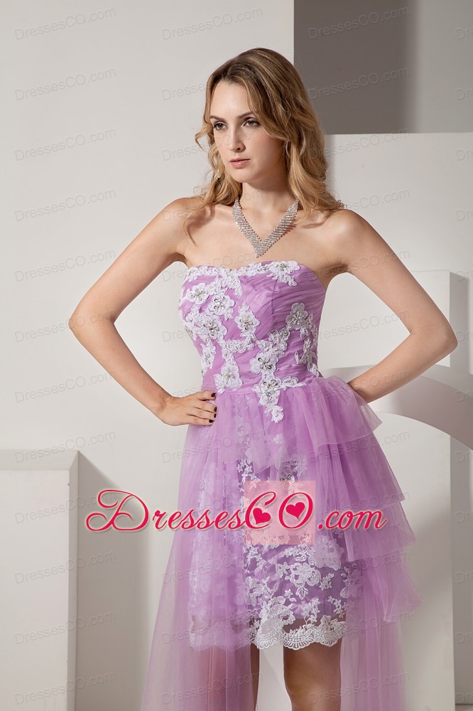 Lavender Strapless High-low Taffeta and Tulle Prom Dress with White Appliques