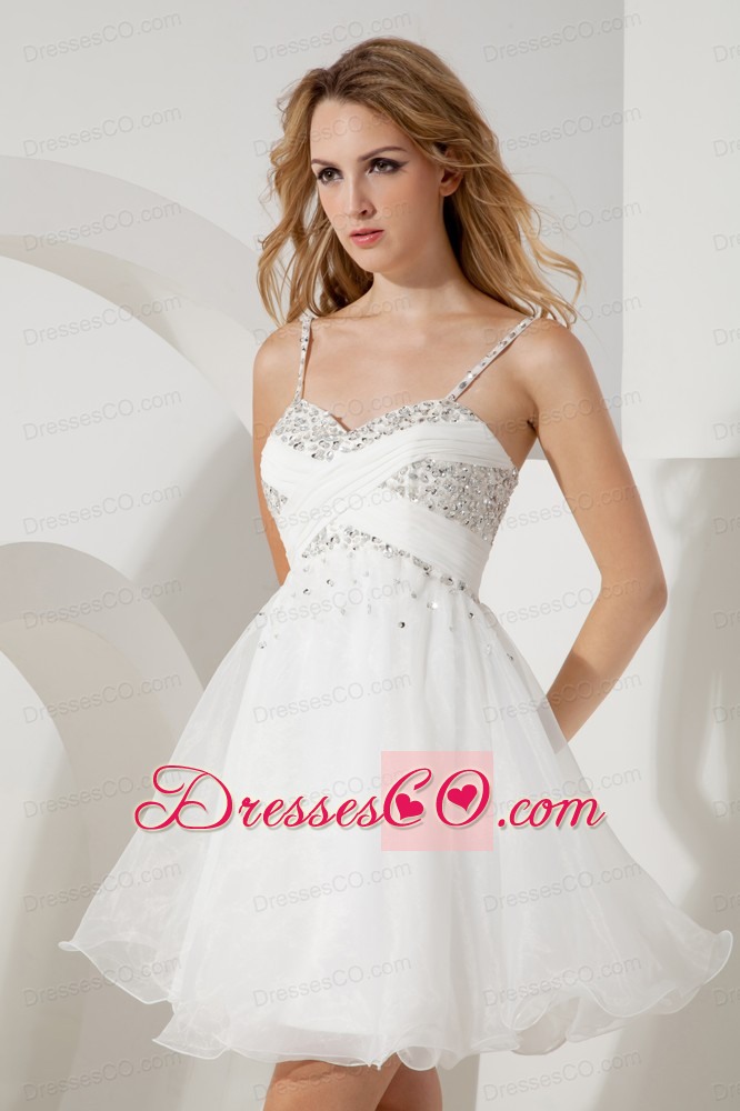 White A-line / Princess Straps Beading Short Prom / Homecoming Dress Mini-length Organza