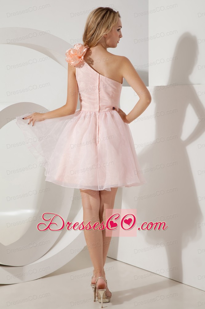 Baby Pink A-line / Princess One Shoulder Cocktail Dress Hand Made Flowers Mini-length Organza