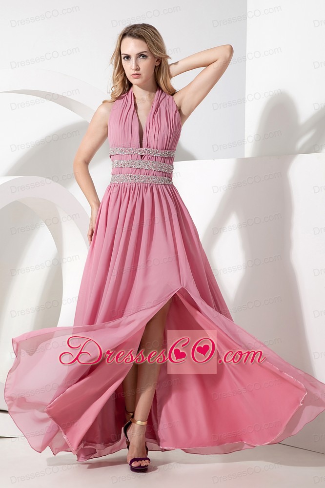 Rose Pink Empire Halter Prom Dress Chiffon Beading Long