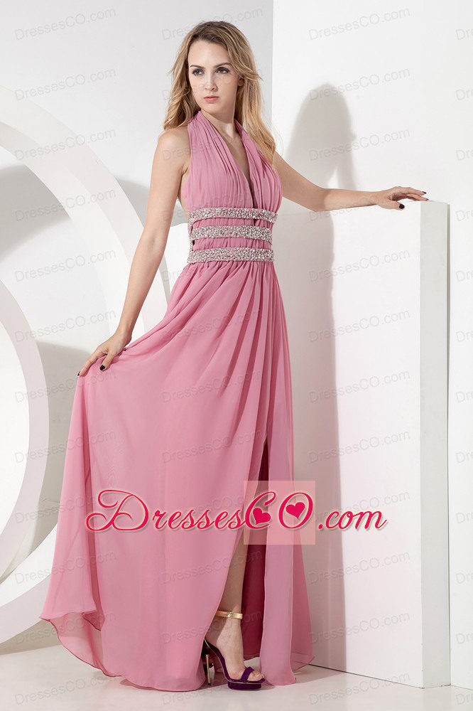 Rose Pink Empire Halter Prom Dress Chiffon Beading Long