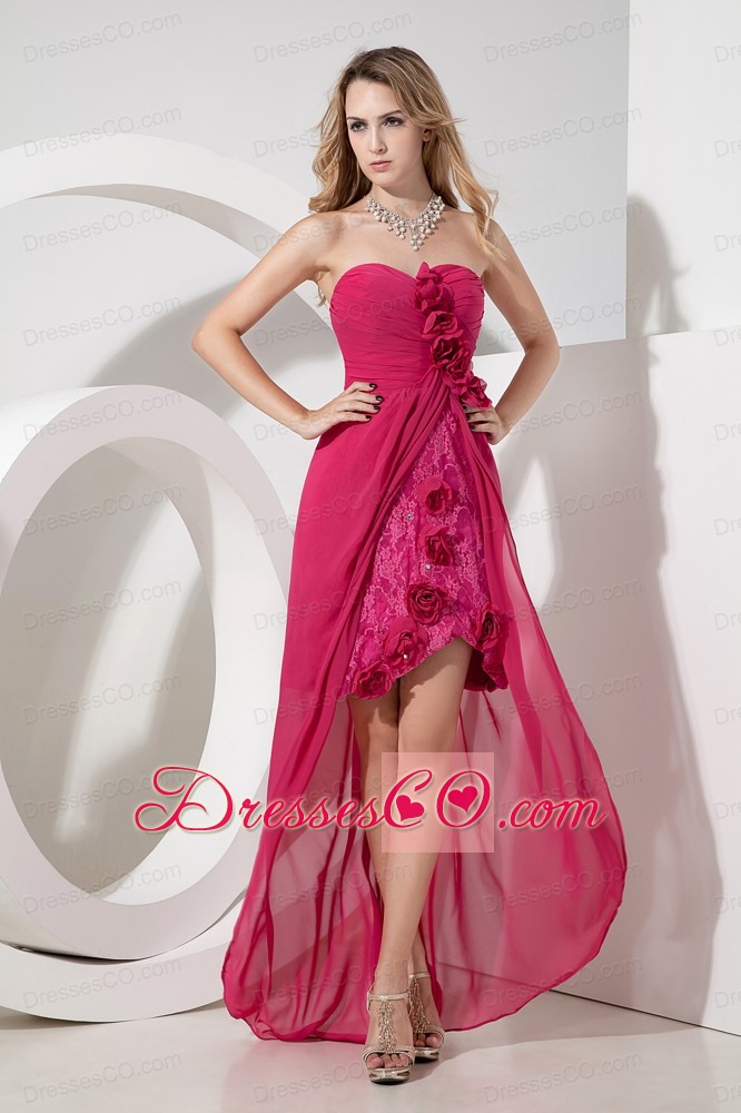 Hot Pink High-low Prom Dress Chiffon and Lace Hand Made Flowers and Embroidery