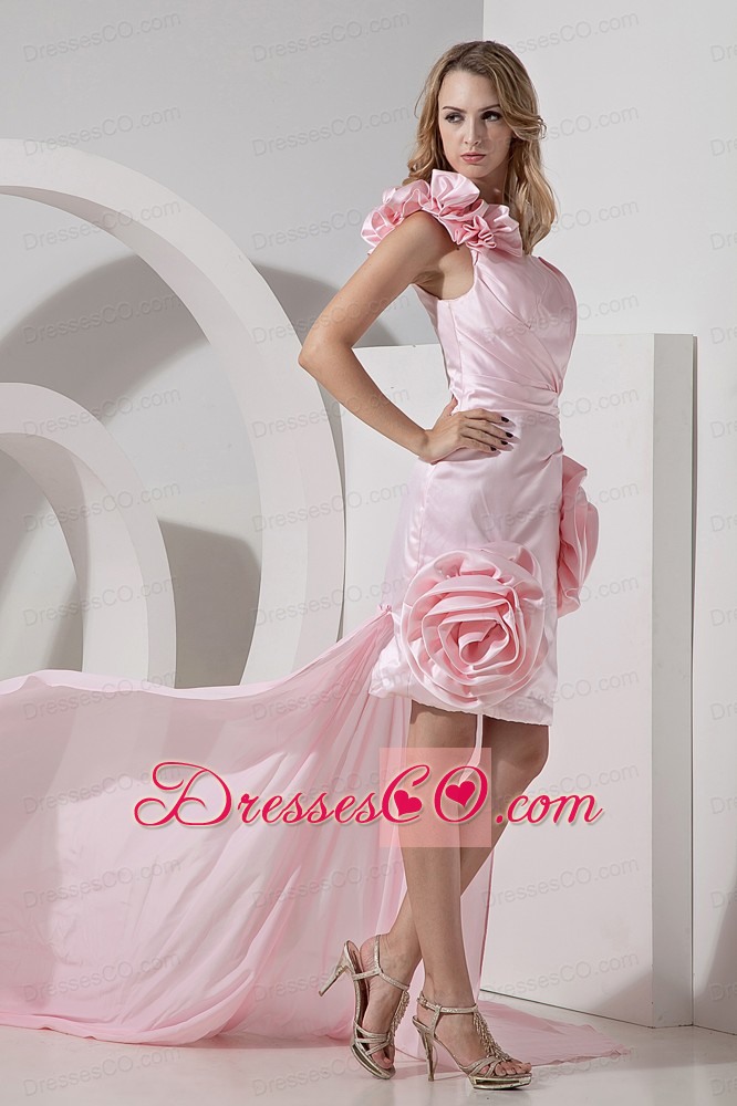 Baby Pink One Shoulder Detachable Hi-Lo Prom Dress Hand Made Flowers