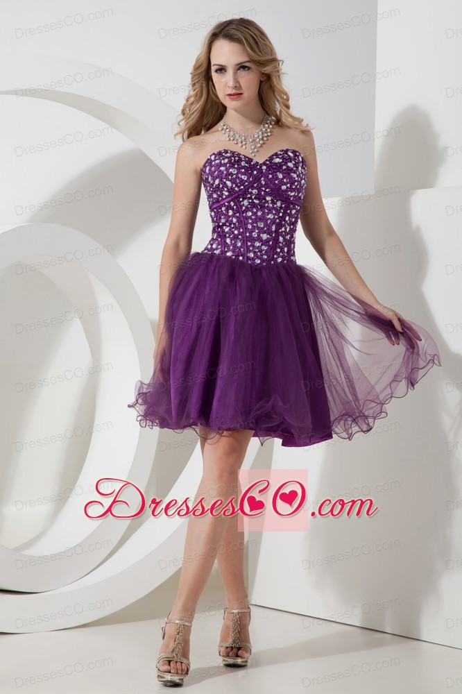 Purple A-line / Princess Beading Short Prom Dress Knee-length Organza