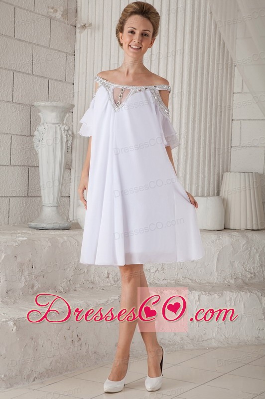 White Empire Off The Shoulder Knee-length Chiffon Beading Prom Dress