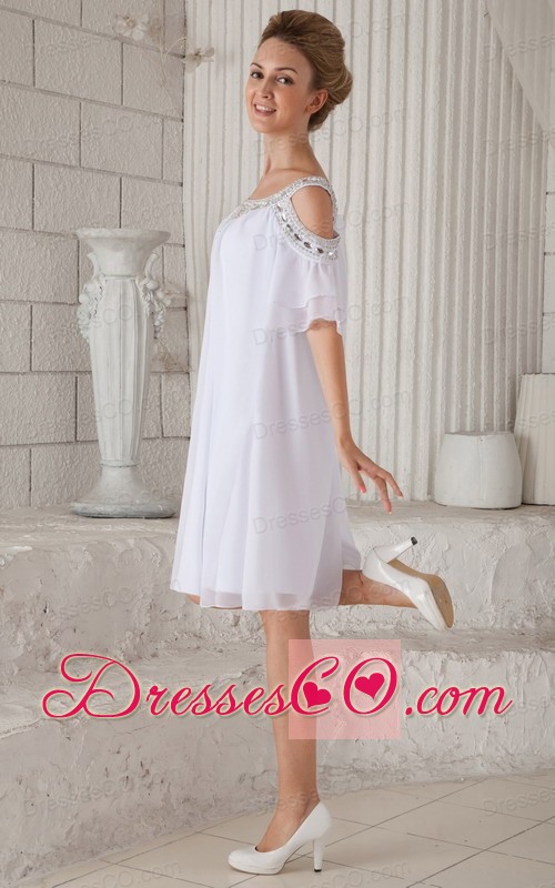 White Empire Off The Shoulder Knee-length Chiffon Beading Prom Dress