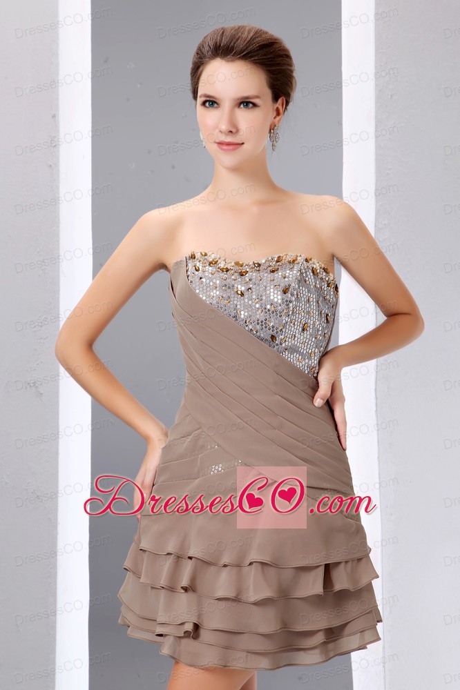 Elegant Brown A-line Short Prom Dress Strapless Mini-length Beading And Sequins Chiffon