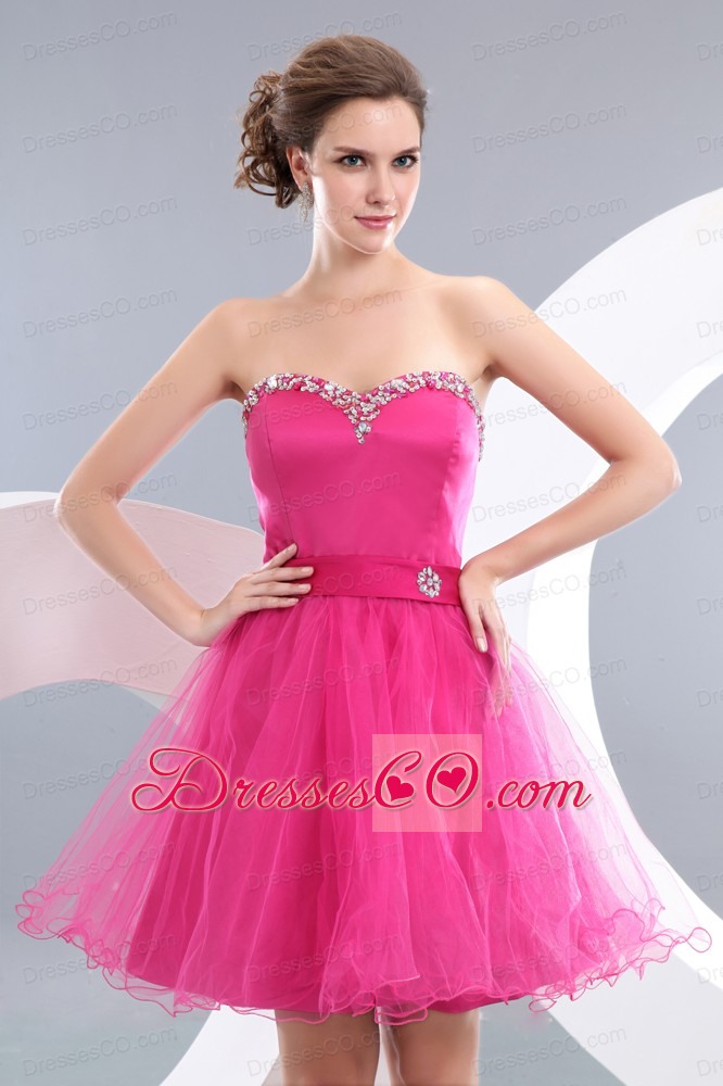 Lovely Hot Pink A-line / Princess Beading Short Prom / Homecoming Dress Mini-length Organza