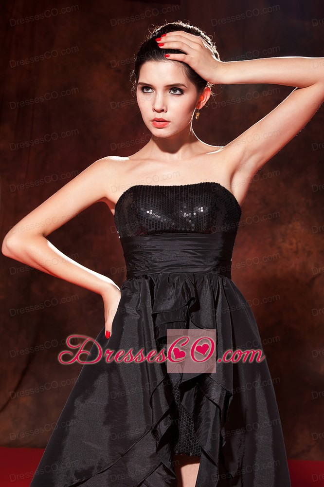 Beautiful Black A-line / Princess High-low Prom Dress Strapless Taffeta Sequins