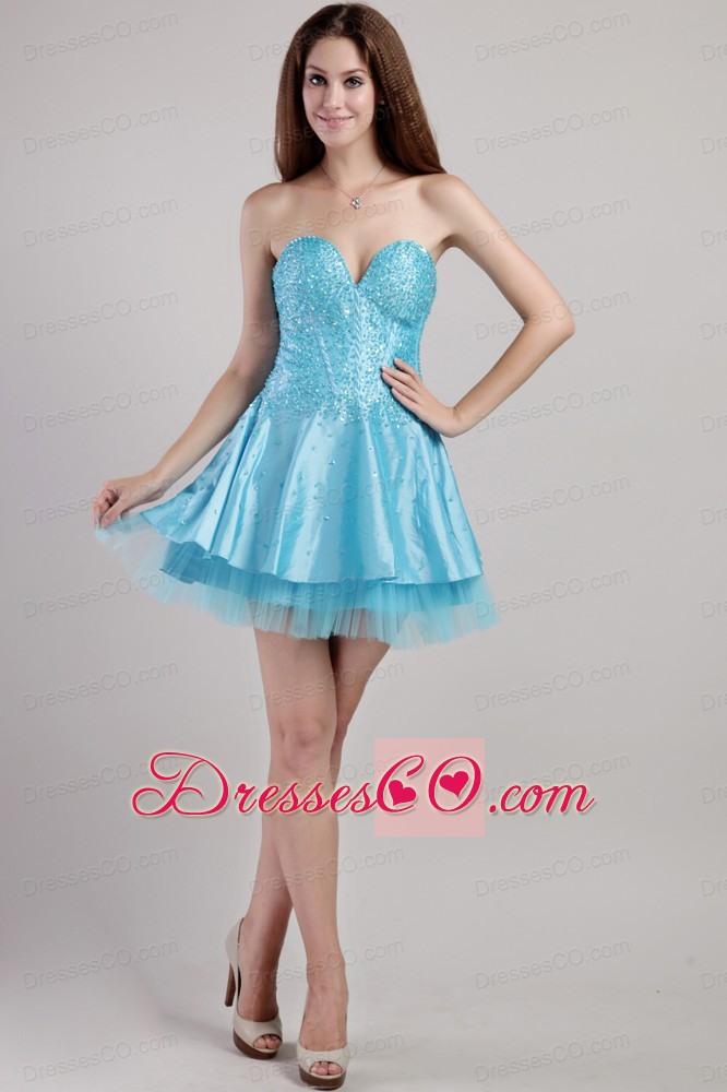 Aqua Blue A-line Mini-length Taffeta Beading And Sequins Prom / Cocktail Dress