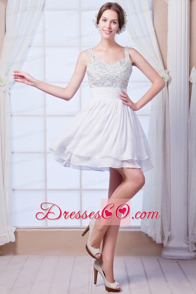 White A-line Straps Mini-length Chiffon Beading Cocktail Dress