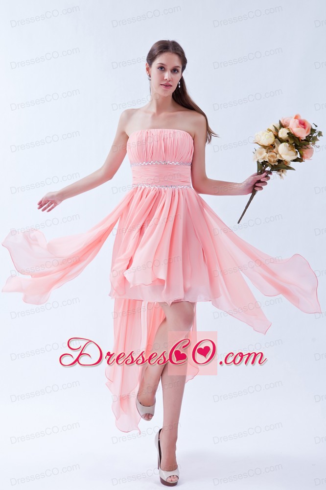 Watermelon Empire Strapless Prom Dress Asymmetrical Chiffon Beading