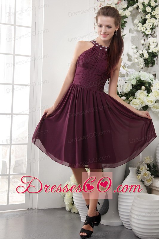 Burgundy Empire High-neck Knee-length Chiffon Beading Prom Dress