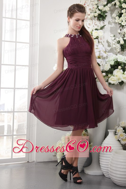 Burgundy Empire High-neck Knee-length Chiffon Beading Prom Dress