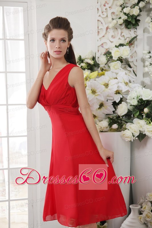 Red Empire V-neck Knee-length Chiffon Prom Dress