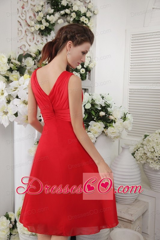 Red Empire V-neck Knee-length Chiffon Prom Dress