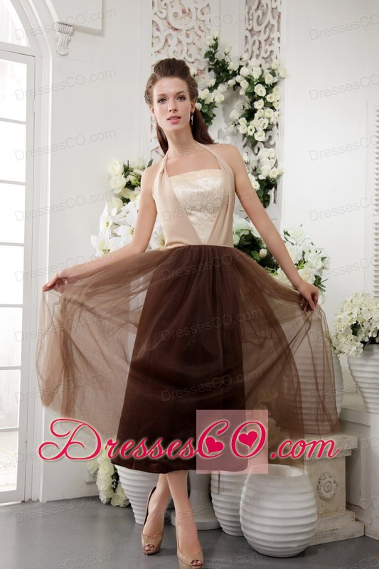 Brown Empire Halter Tea-length Tulle Lace Dama Dress