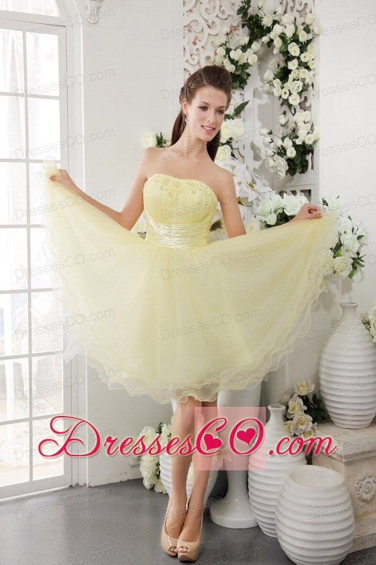 Light Yellow A-line / Princess Strapless Mini-length Organza Beading Prom / Cocktail Dress