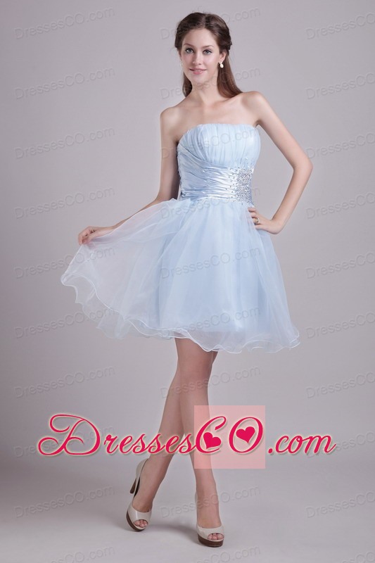 Baby Blue A-line Strapless Short Organza Beading and Ruching Cocktail Dress