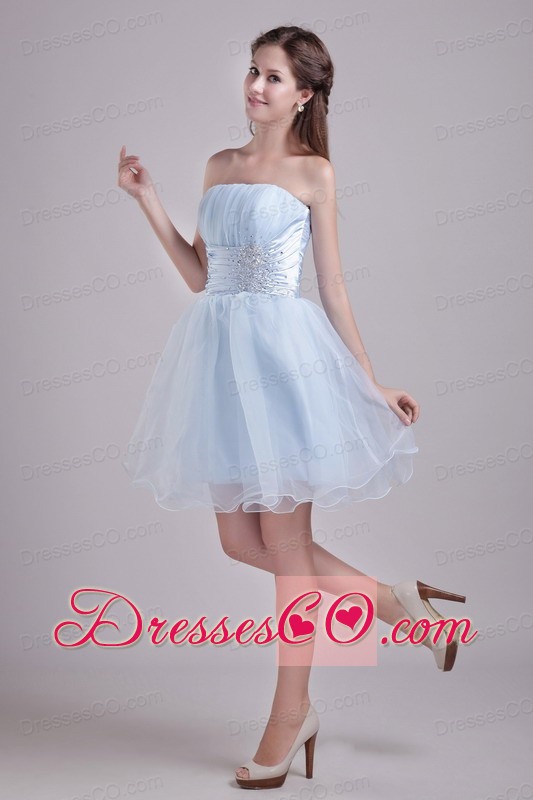 Baby Blue A-line Strapless Short Organza Beading and Ruching Cocktail Dress