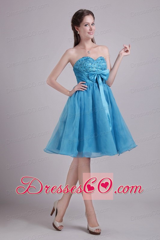 Teal A-line Short Organza Beading and Bow Prom / Homecoming Dress