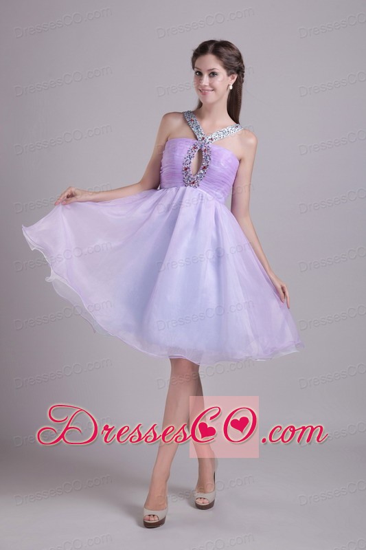 Lilac A-line V-neck Knee-length Organza Beading Prom / Cocktail Dress