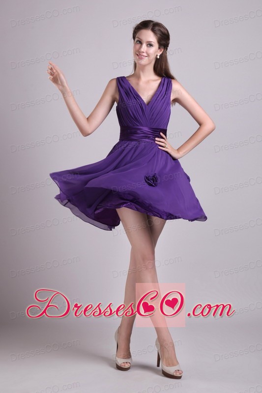 Purple Empire V-neck Mini-length Chiffon Hand Madeflowers Prom Dress